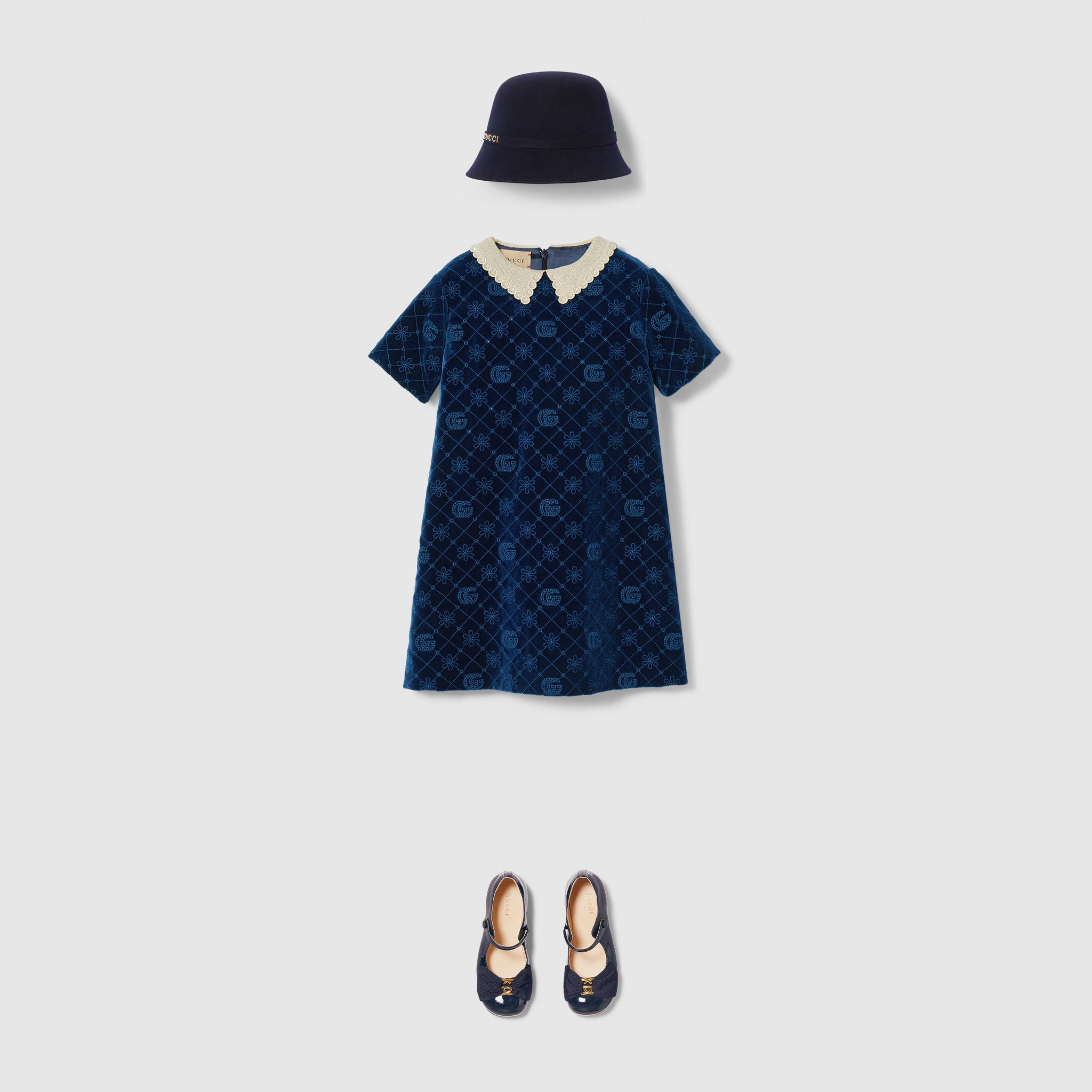 Gucci Kids Cotton Velvet GG Dress (Dark Blue)